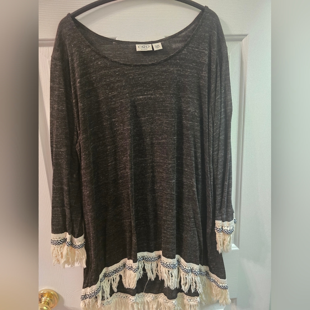 Cato Women's Black Heather Fringe Trim Long Sleeve Top